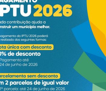 ???? IPTU 2026 já está disponível!  Aproveite 10% de desconto na cota única até 24/06 ou parcele em 2x.  Cada contribuição ajuda a construir uma Charrua melhor! ????✨